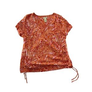 Caribbean Joe Womens XL Orange Paisley Print V Neck Ruched Drawstring Tunic Top